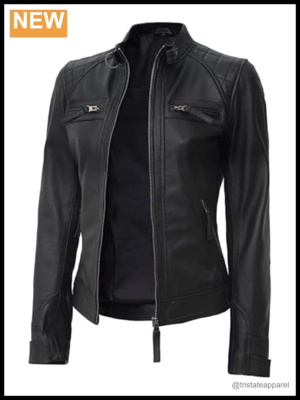 Real Lambskin Leather Cafe Racer Jacket Women Quilted Shoulder Fitted